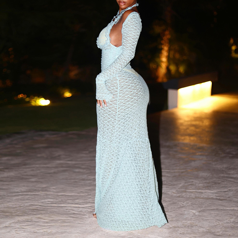 여성용 홀터넥 V넥 시스루 메쉬 레이스 긴소매 맥시 드 - Sheer Bra Lace 리뷰 및 가격